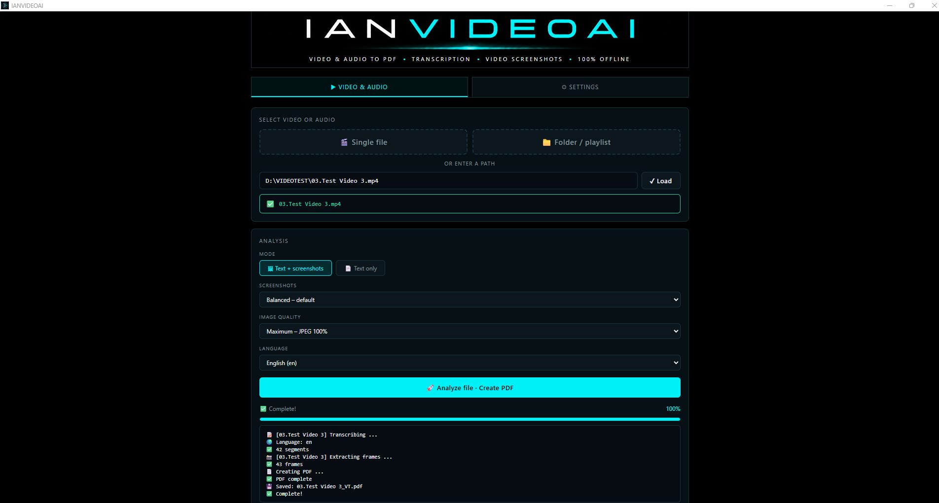 IANVIDEOAI nach erfolgreicher Videoanalyse und PDF-Erstellung